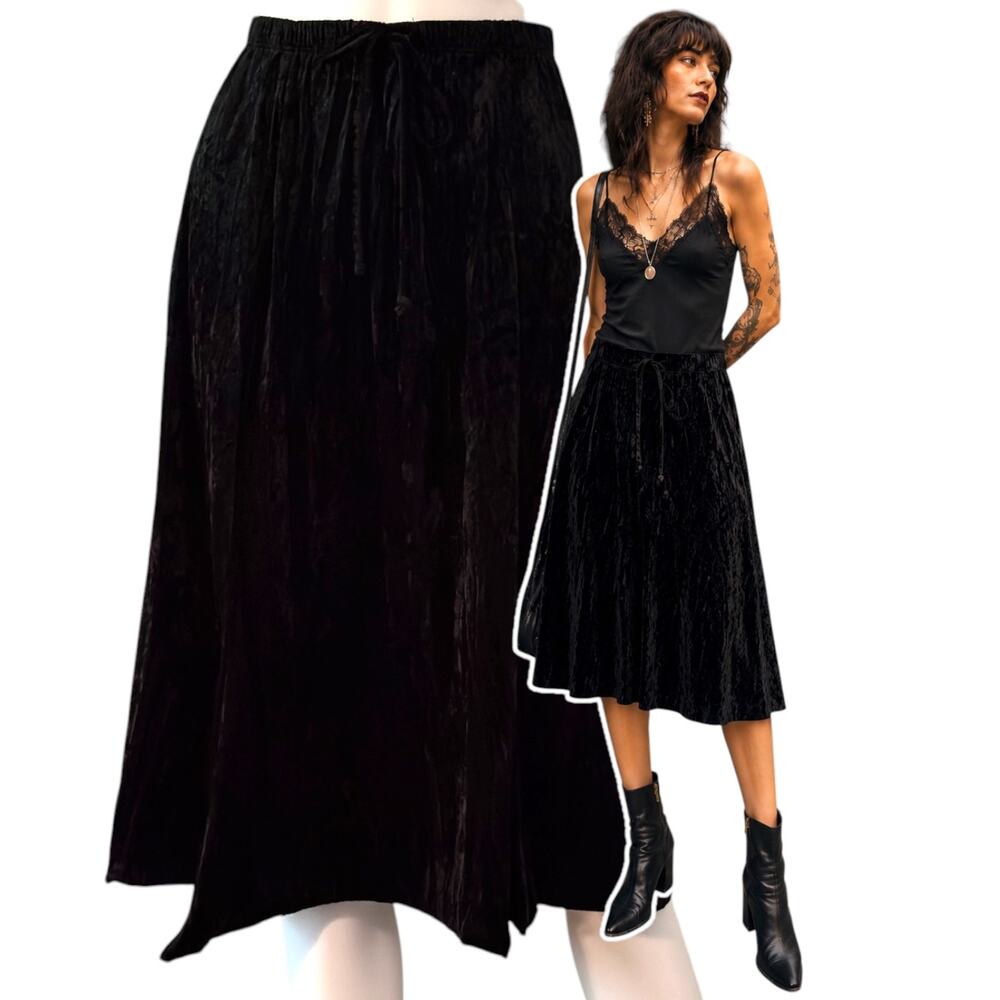 Black Crushed Velvet Midi Skirt Large Drawstring Whimsigoth Y2K Vintage Apt 9